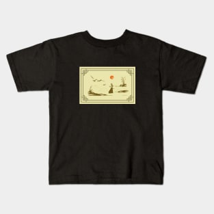 Riverside Serenity: Hand-drawn Samurai Watching Sunset Kids T-Shirt